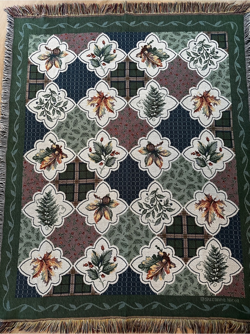 Vtg Suzanne Nicoll Woven Tapestry Autumn Throw Blanket Fringed Plaid